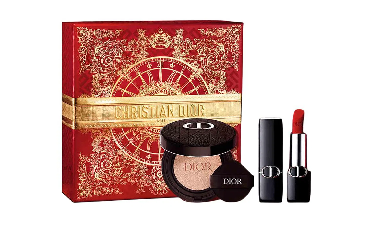 Женский набор косметики с помадой и тональным кремом DIOR, Blue Gold Velvet Lipstick #999 и Creamy Long-Lasting Cushion Foundation #Shiny 0N13g, Blue Gold