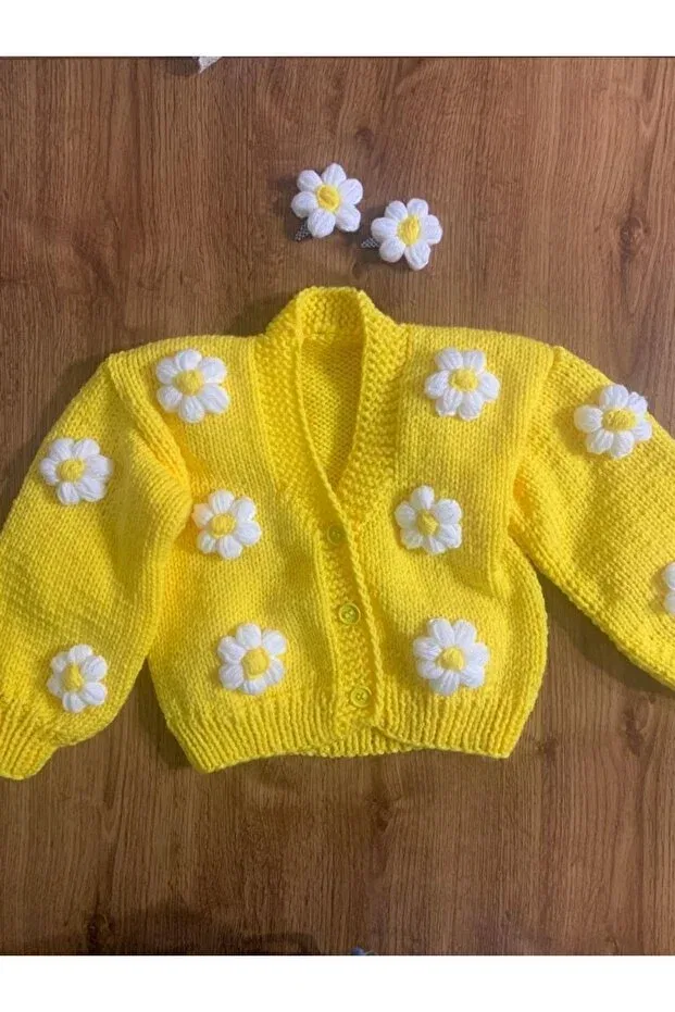 Детский кардиган для девочек с цветочным принтом El Örgüsü Cici Bebe, Lemon Color — фото 3