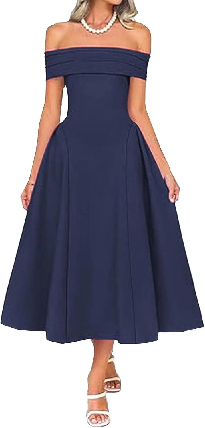 Женское элегантное платье с открытыми плечами Navy Blue