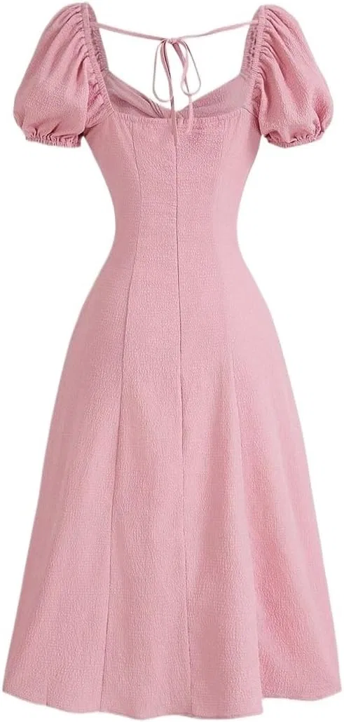 Женское платье миди с рукавами-фонарик Solid Color, Pink — фото 3