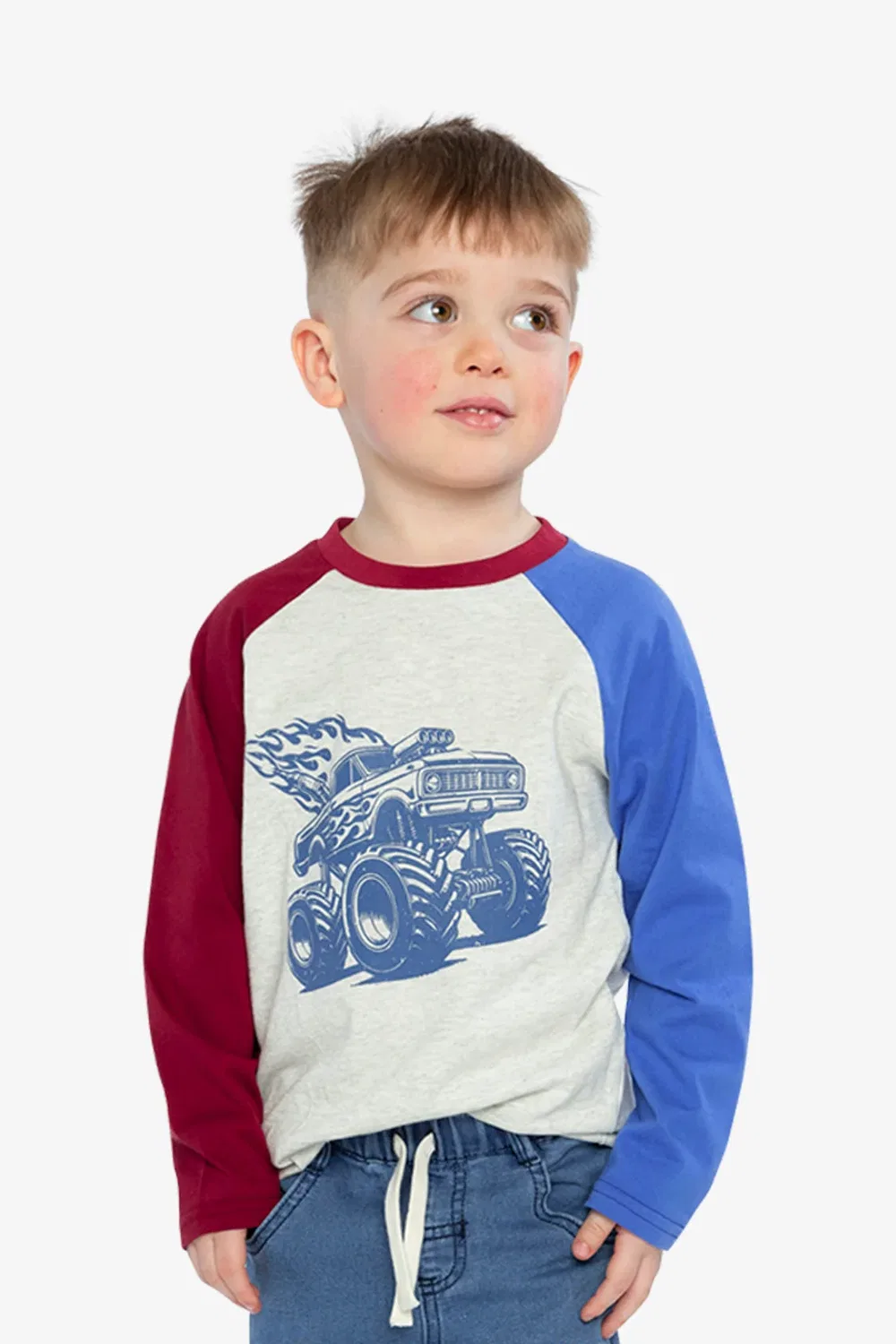 Детская футболка для мальчиков с принтом монстр-трака Raglan T-Shirt Deux par Deux, Heather Grey Red And Blue — фото 2