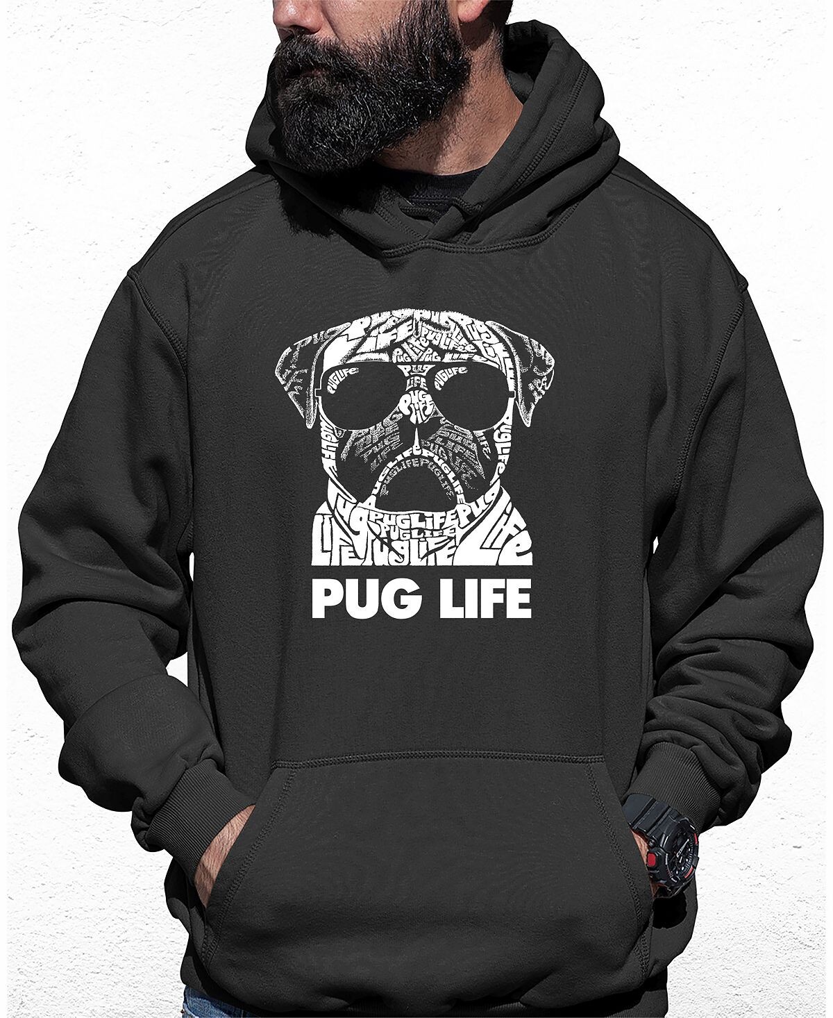 

Мужская толстовка с капюшоном pug life word art LA Pop Art, серый