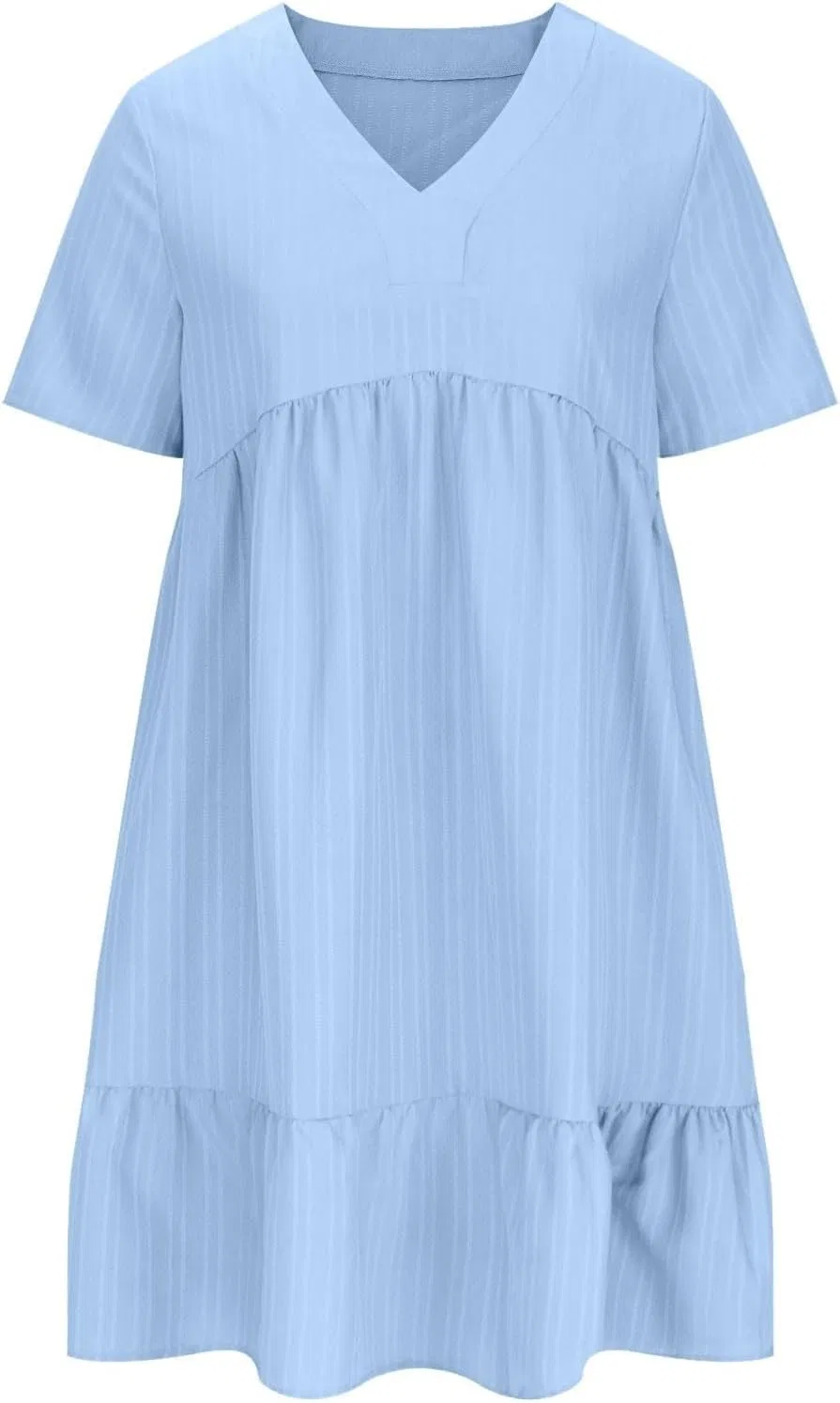 Женское летнее платье мини V-образным вырезом, A-силуэт, Light Blue — фото 4