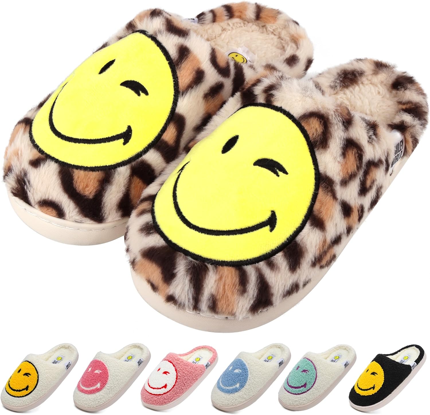 

Тапочки Wpecgoo с улыбающимся лицом для женщин и мужчин, мягкие плюшевые домашние тапочки, ретро-стиль, удобные слипоны, теплые зимние тапочки с эффектом памяти, пушистые для дома и улицы, Leopard Print