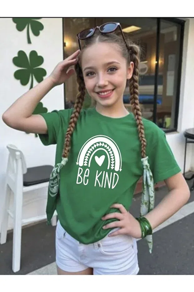 Детская футболка для девочек с принтом Be Kind Morning Kids, Зеленый