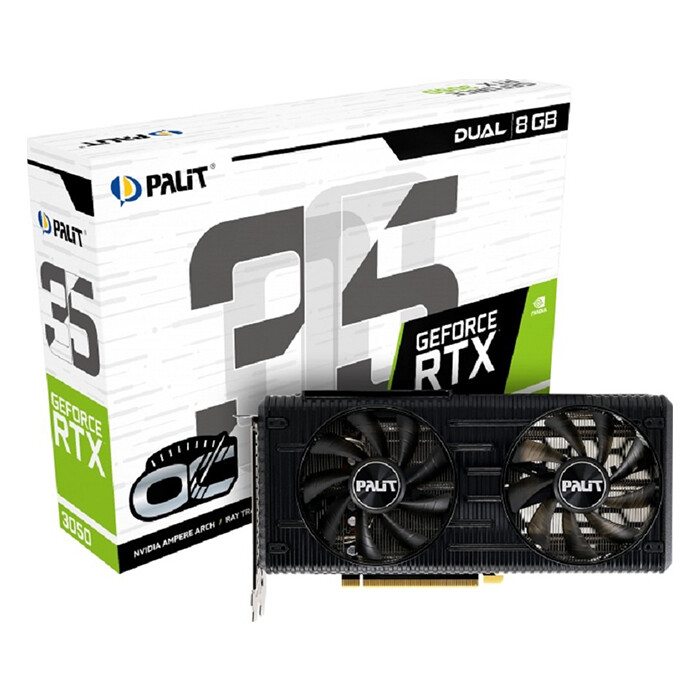 

Видеокарта Palit NVIDIA GeForce RTX 3050, PA-RTX3050 DUAL OC, 8ГБ, GDDR6, OC, Ret NE63050T19P1-190AD