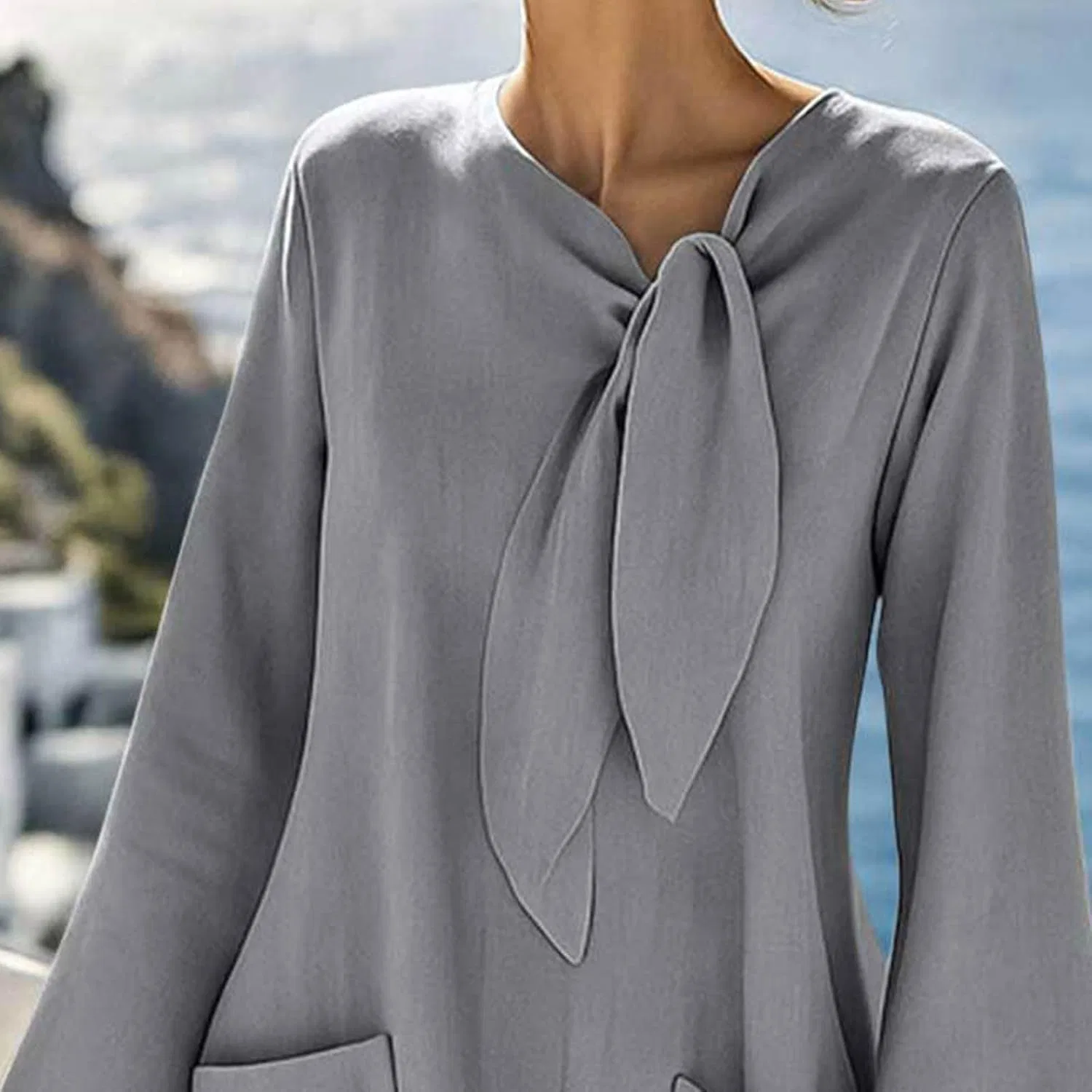 Женское летнее платье миди с рукавами-фонариками Linen Elegant, Gray — фото 3