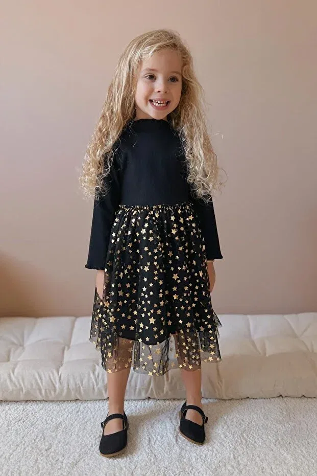 Детское платье для девочек с принтом Black Star Printed Tulle Skirt Girls' Dress Le Mabelle, Black — фото 4
