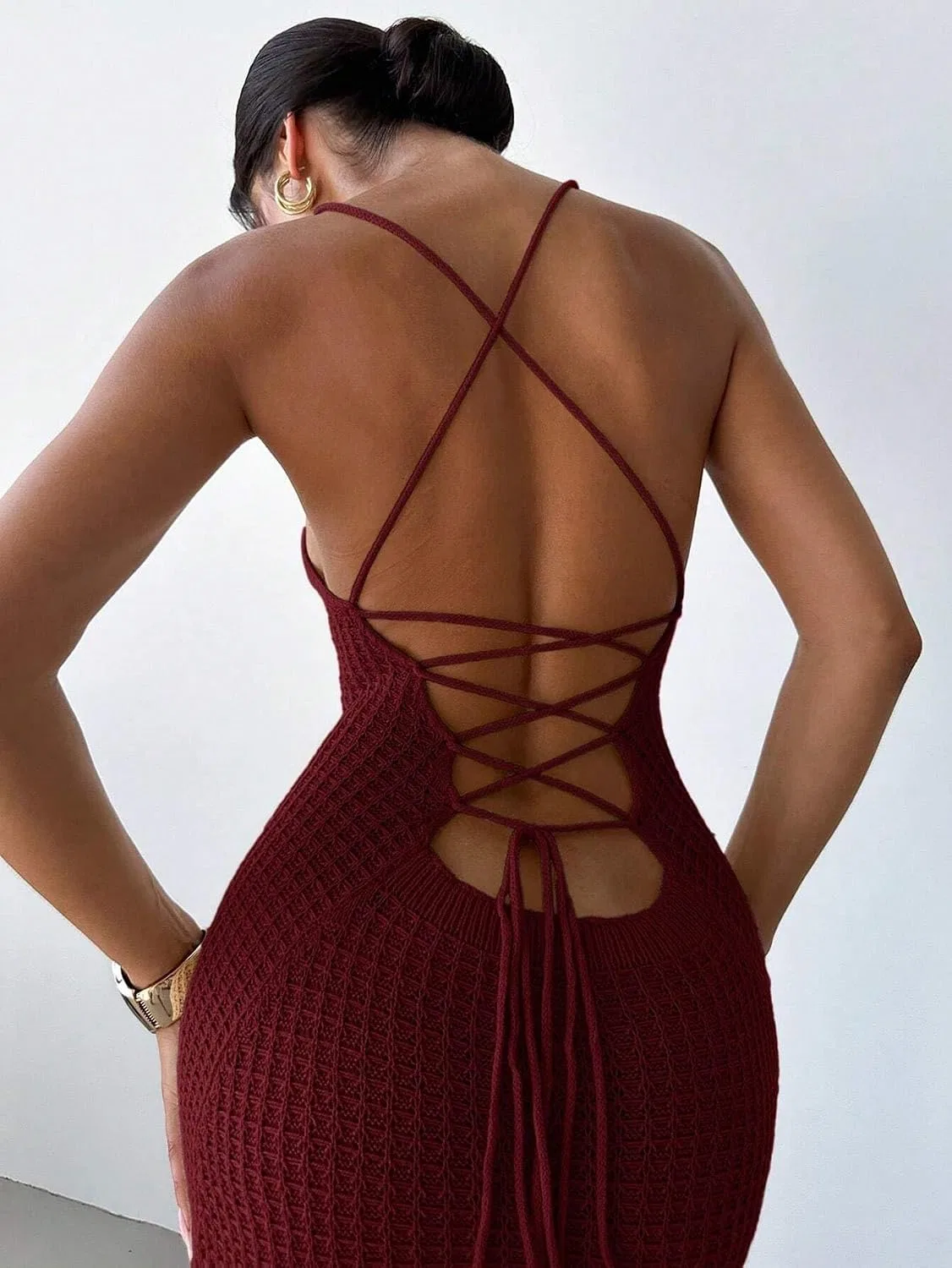 Женское сексуальное платье миди с разрезом Knit, Burgundy — фото 3