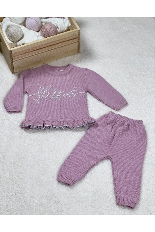 Детский комплект для девочек с блестками Emins baby girl filter shine written skirt frilly sweater elastic pants knitwear top and bottom set E&S Emin'S, Pink — фото 2