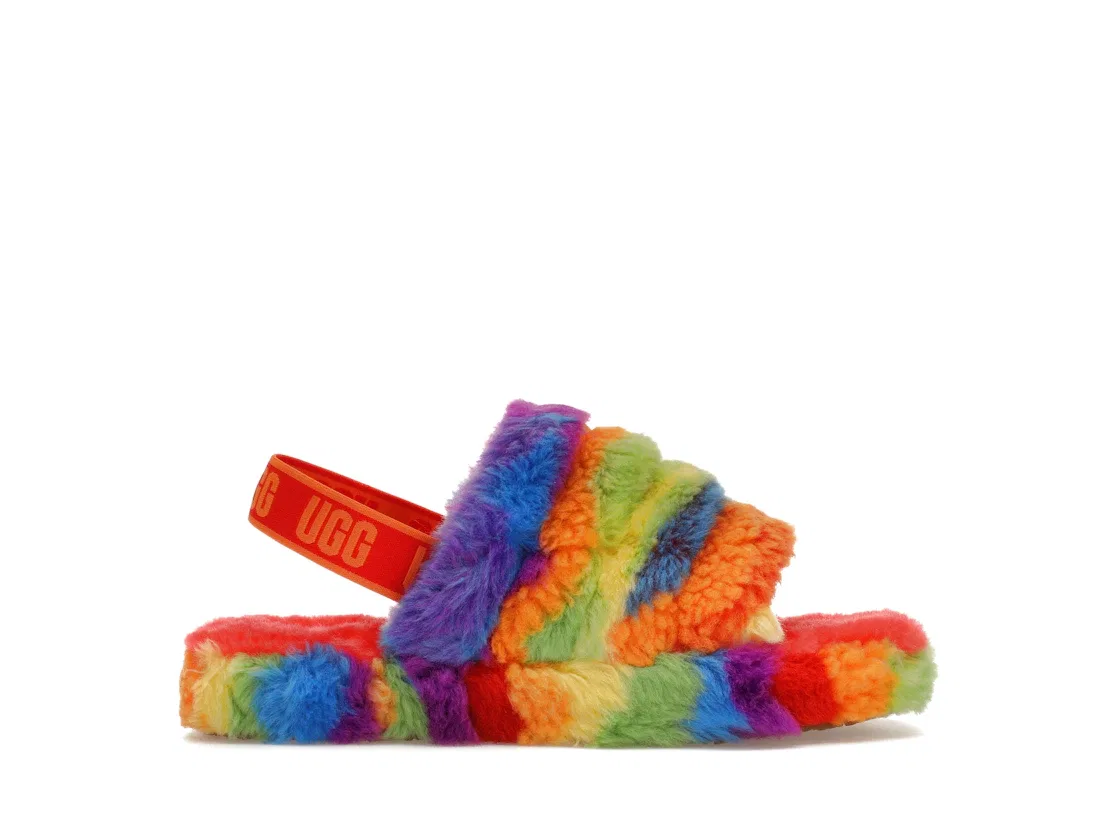 Детские шлепанцы с принтом UGG Fluff Yeah Slide Rainbow Stripes, Rainbow Stripes