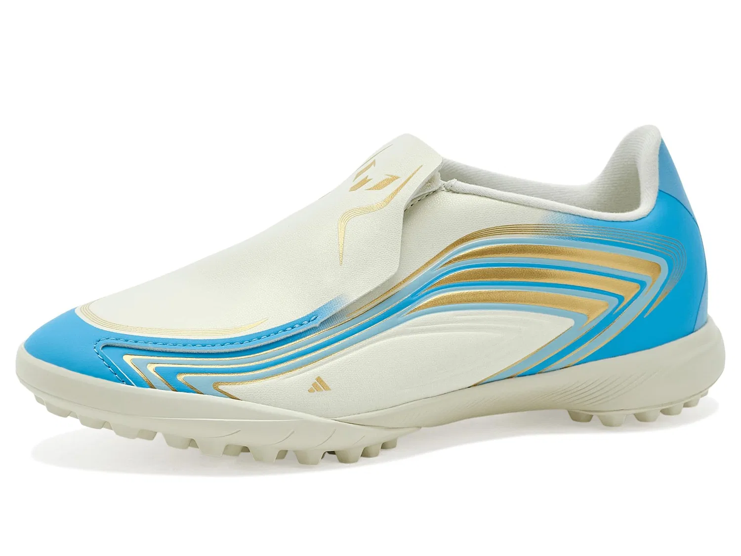 Бутсы F50 Messi League Laceless Turf Football (для маленьких и больших детей) Adidas Kids, Ivory/Semi Blue Burst/Icey Blue