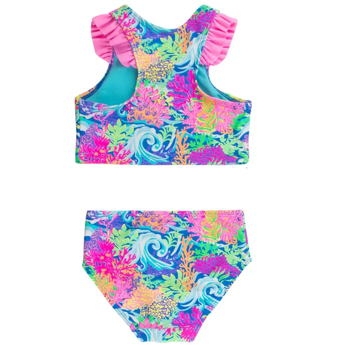 Детский танкини-комплект для девочек с принтом Flutter Tankini RuffleButts, Neon Ocean Coral — фото 2