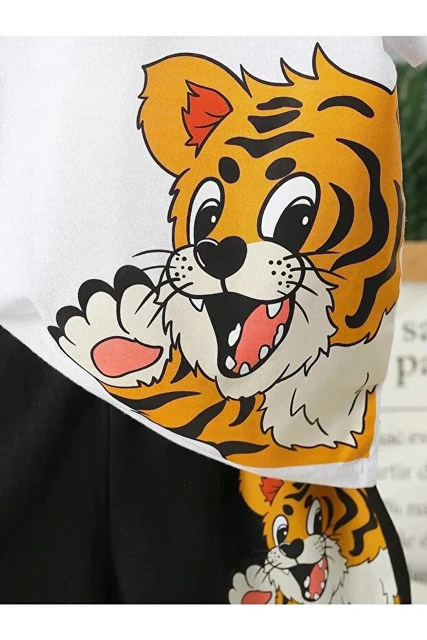 Детский для девочек комплект футболки и шорт с принтом Unisex boy tiger special printed combed cotton crew neck t-shirt - shorts set Revasser, White — фото 3