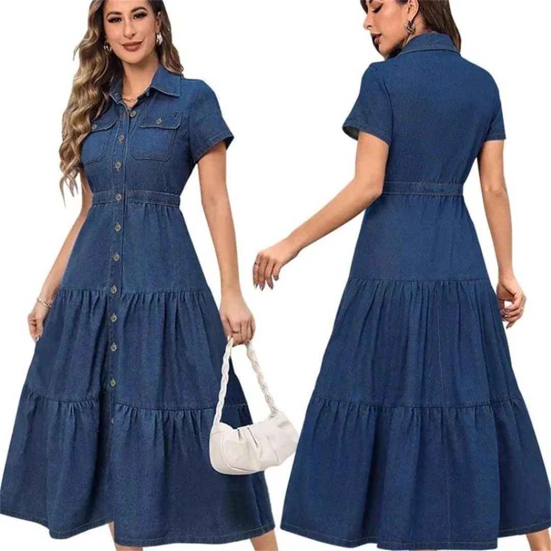 Женское джинсовое платье A-силуэта с отложным воротником Generic, Dark Blue — фото 2