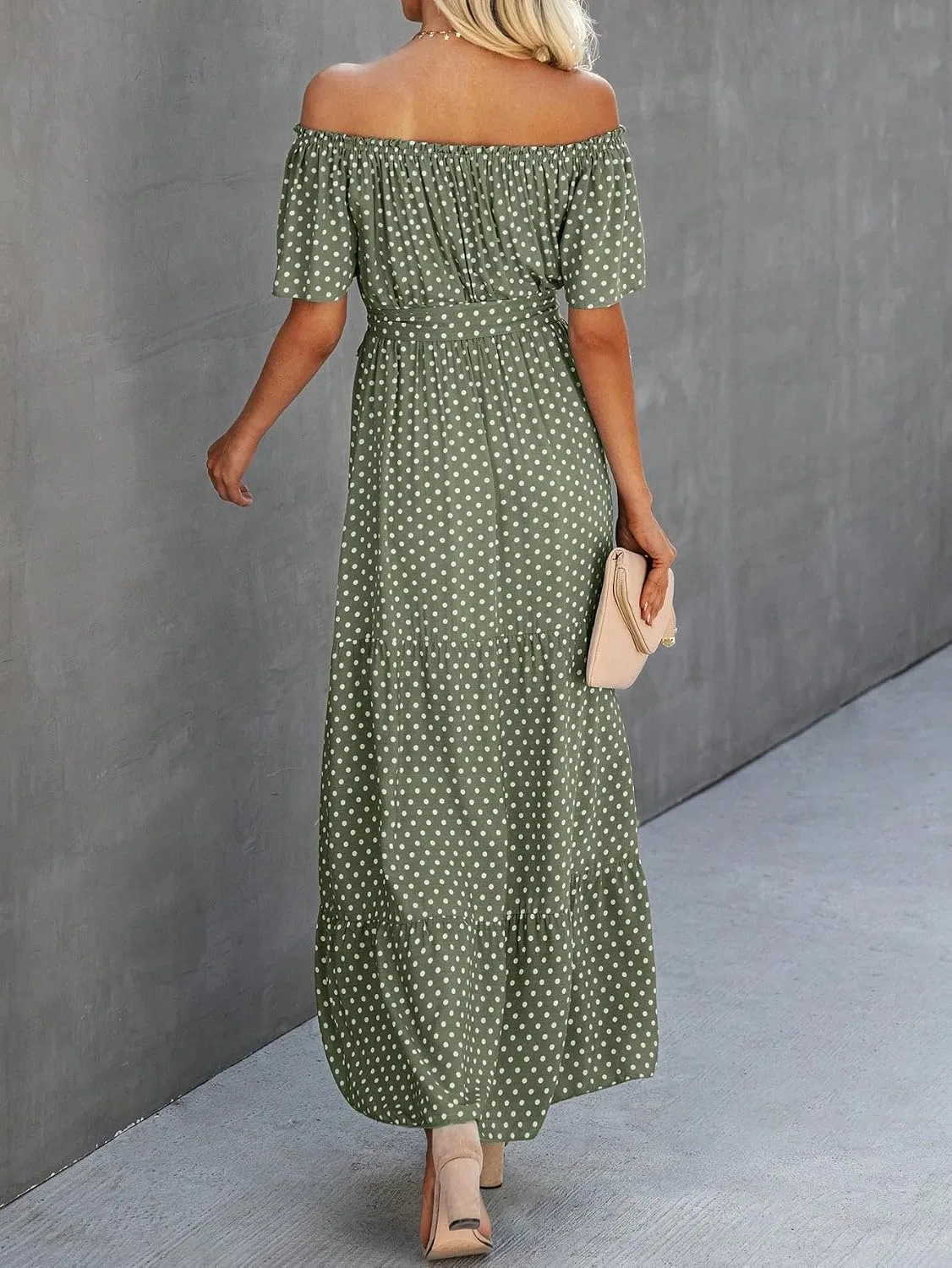 Женское макси-платье с горошком A-line Off-Shoulder, Green — фото 2