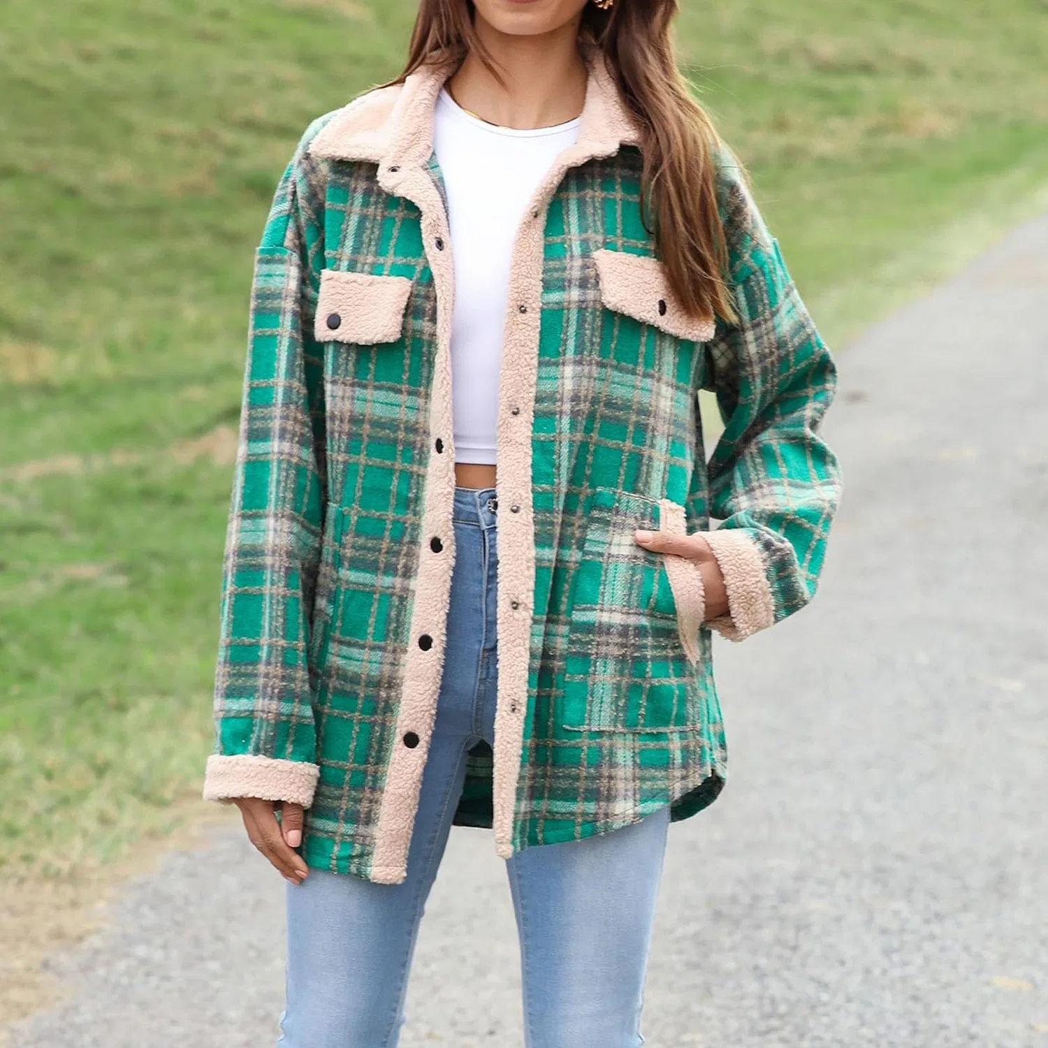 Женское пальто с контрастным принтом Tech Wear Women's Contrast Plaid Jacket Casual Fleece Lapel Jacket Winter Jacket Women Plus Size Coats, green — фото 3