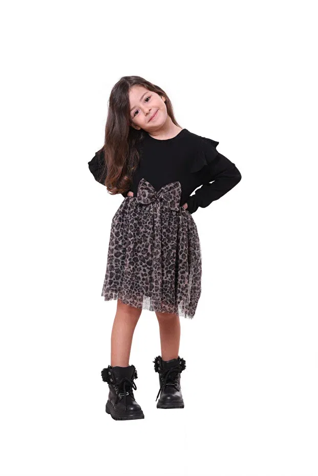Детское платье для девочек с принтом Tulle Leopard Print Long Sleeve Black Cotton Dress Lila Ribbon, Black — фото 2
