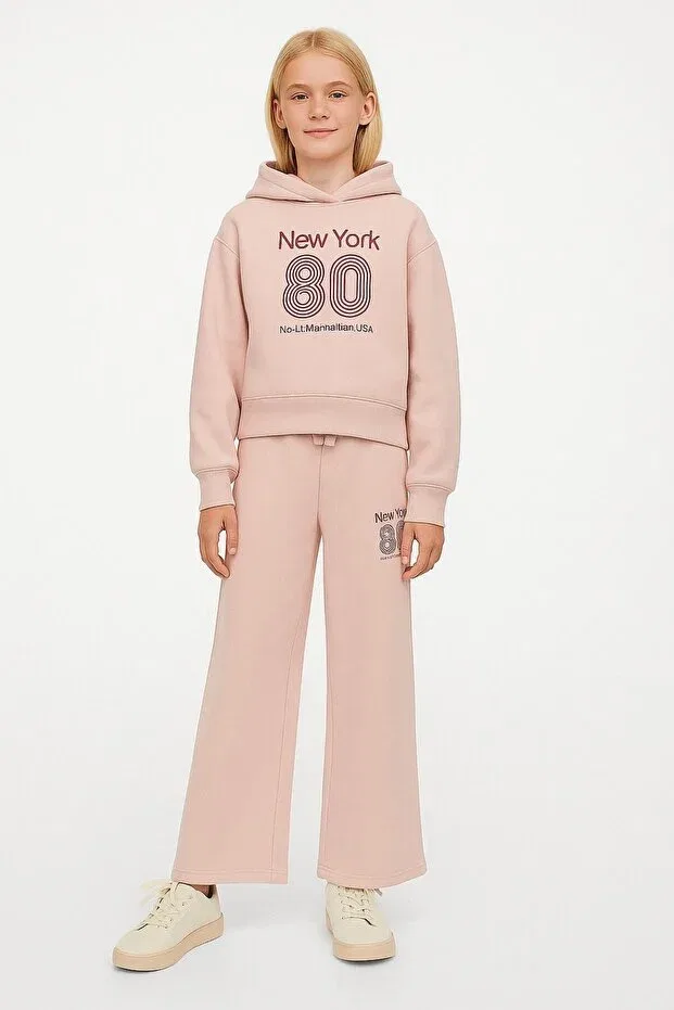 Детский комплект толстовки и брюк для девочек с принтом New York Hooded Girls' Tracksuit Set Seabubbles, Powder — фото 2