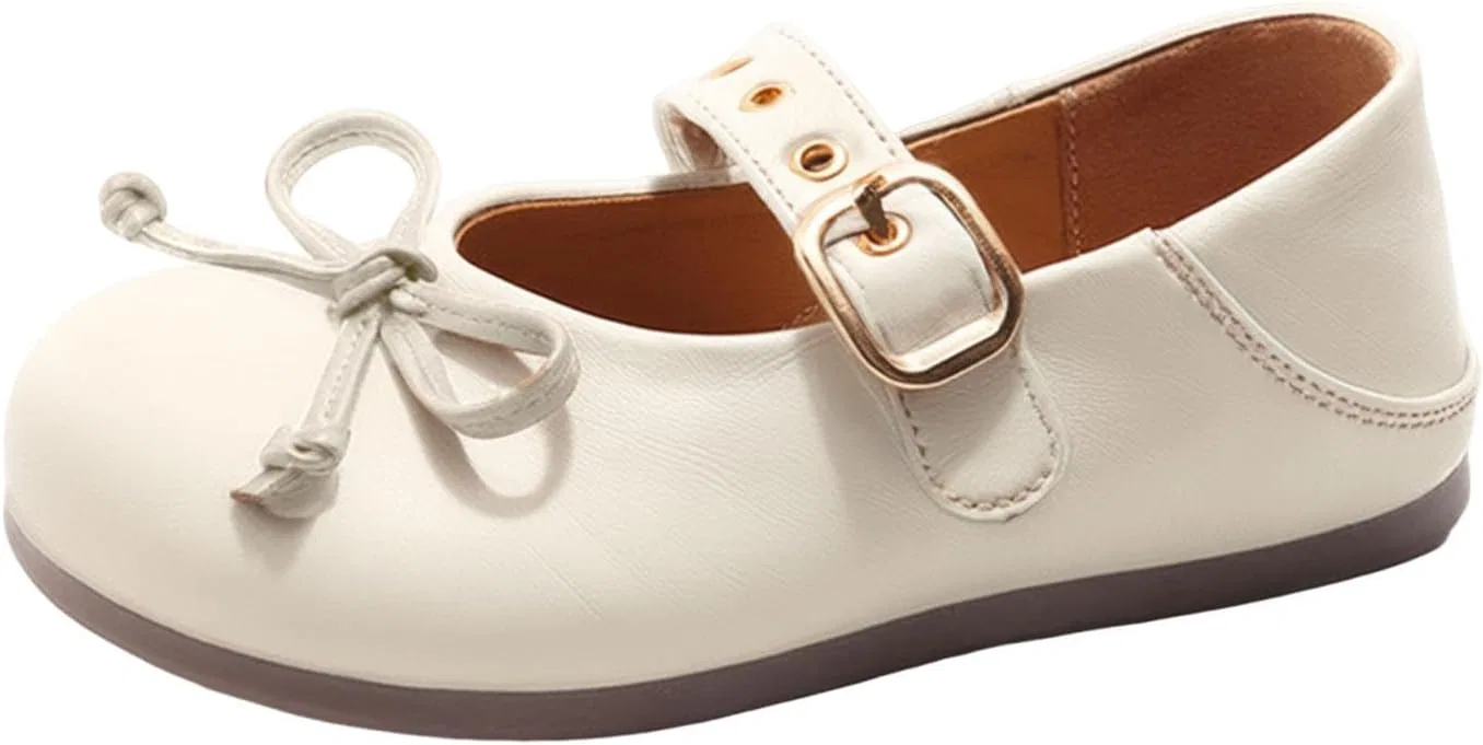 Детские туфли для девочек с бантом из кожи, Beige