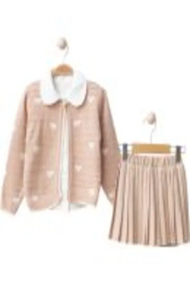 Детский комплект для девочек вязаный с длинным рукавом Heart Patterned Knitwear Cardigan with Pleated Skirt 3-piece Girl's Set Larmina Butik, Multicolor