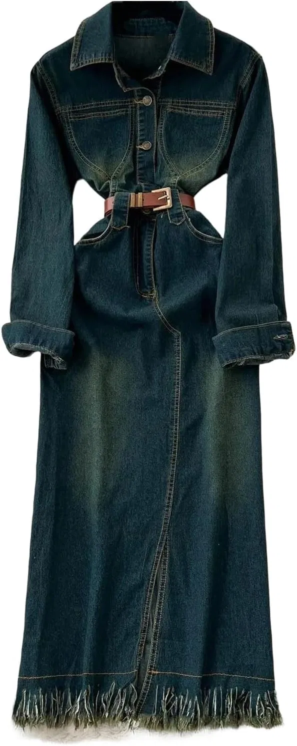 Женское джинсовое платье с отложным воротником Generic, Dark Blue