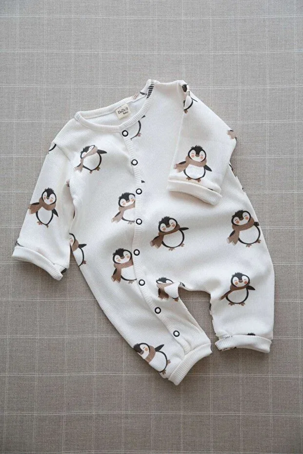 Детский комбинезон для девочек с принтом Puffy Penguin Patterned Organic Ribbed Knit Baby Rompers Dodo'S Baby, Navy Blue