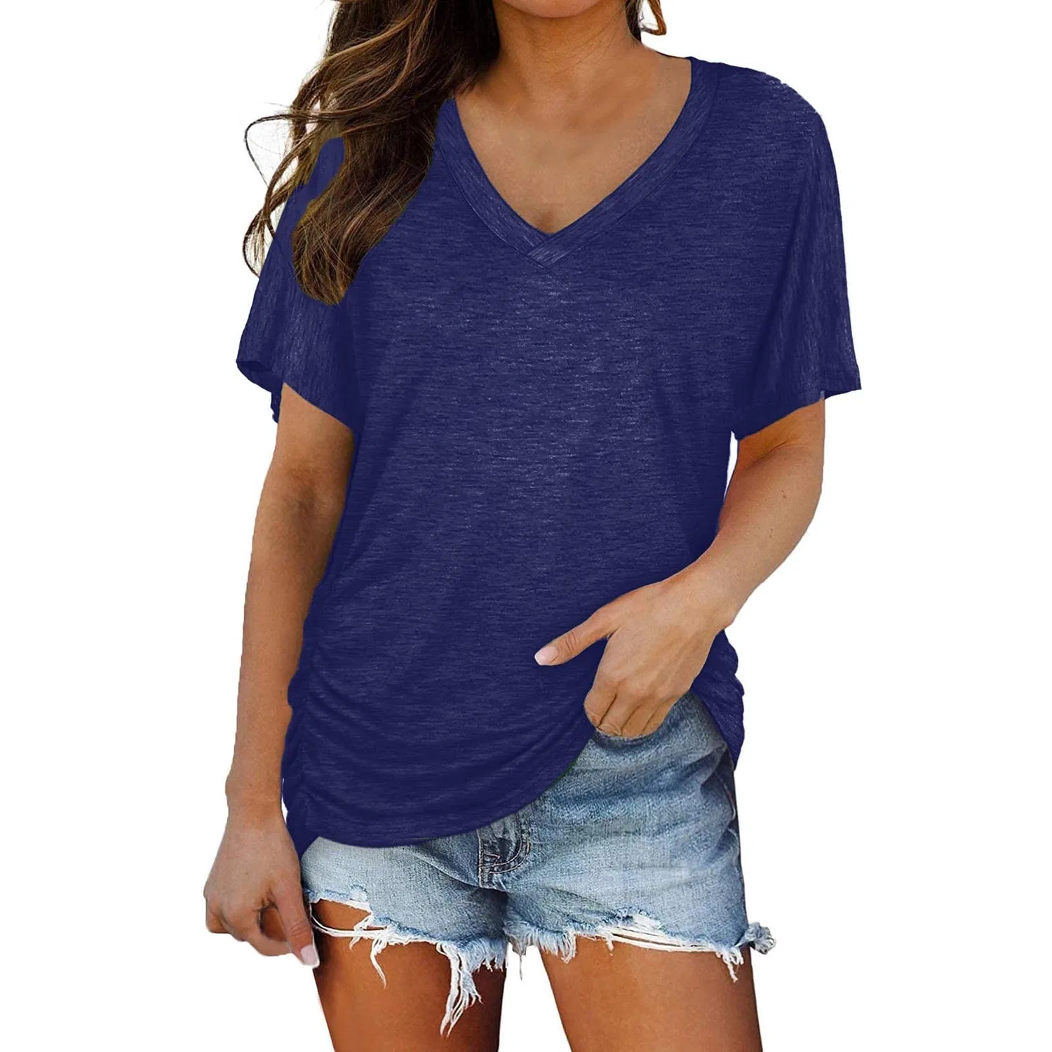 Женская футболка с v-образным вырезом с коротким рукавом Womens Short Sleeve V-Neck Solid Color Soft Loose Fit T-Shirt Ladies Temperament, Navy