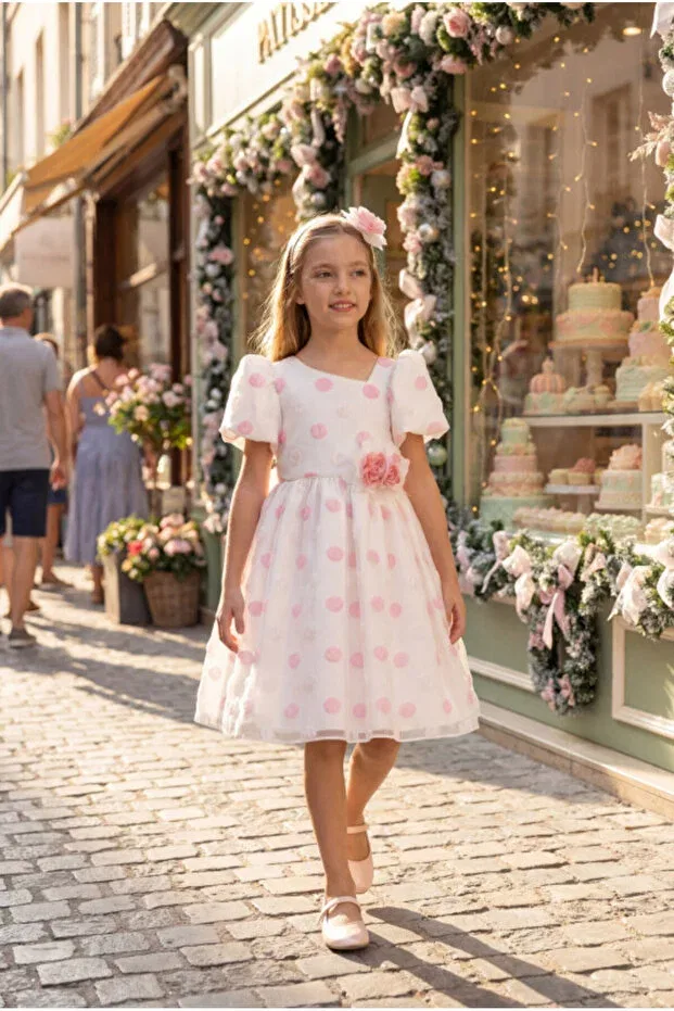 Детское платье для девочек с принтом Polka dot watermelon sleeve flower detailed evening dress Pamina, Powder — фото 3