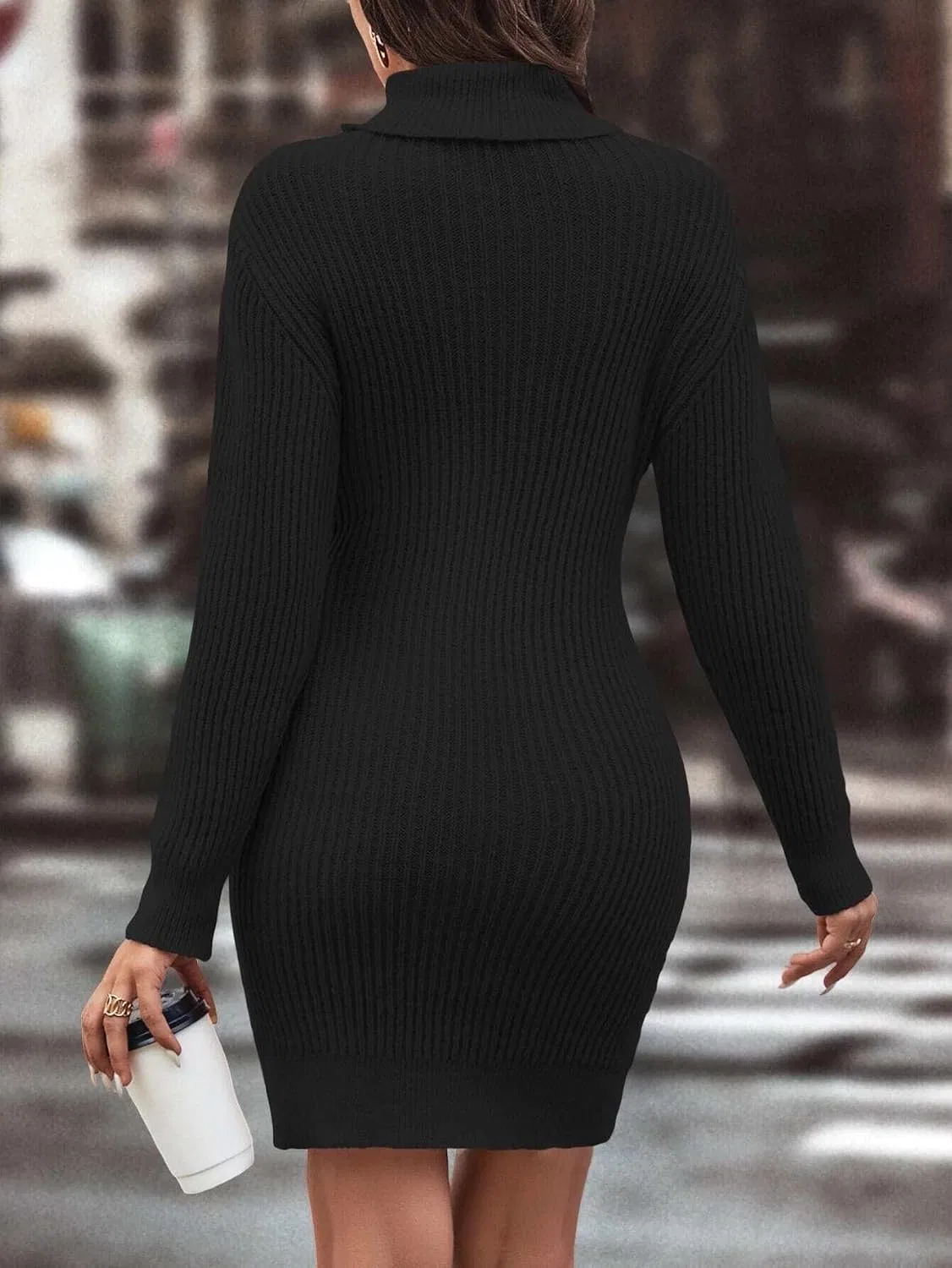 Женское повседневное платье с высоким воротником Ribbed Knit, Black — фото 4