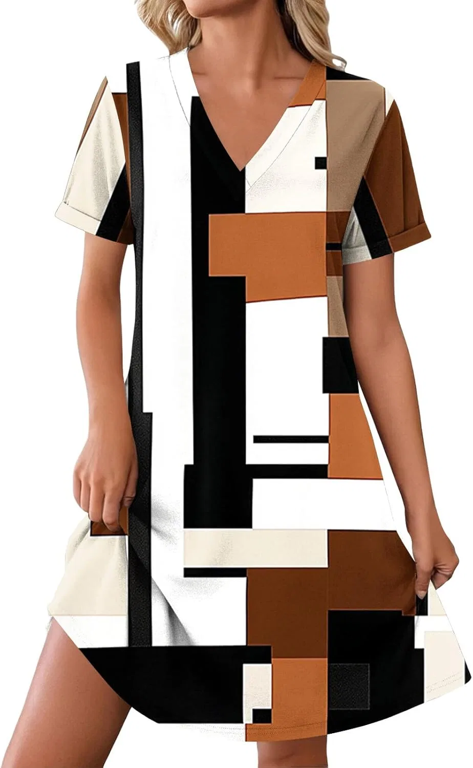 Женское летнее платье-футболка A-line с V-образным вырезом, Multicolor — фото 2