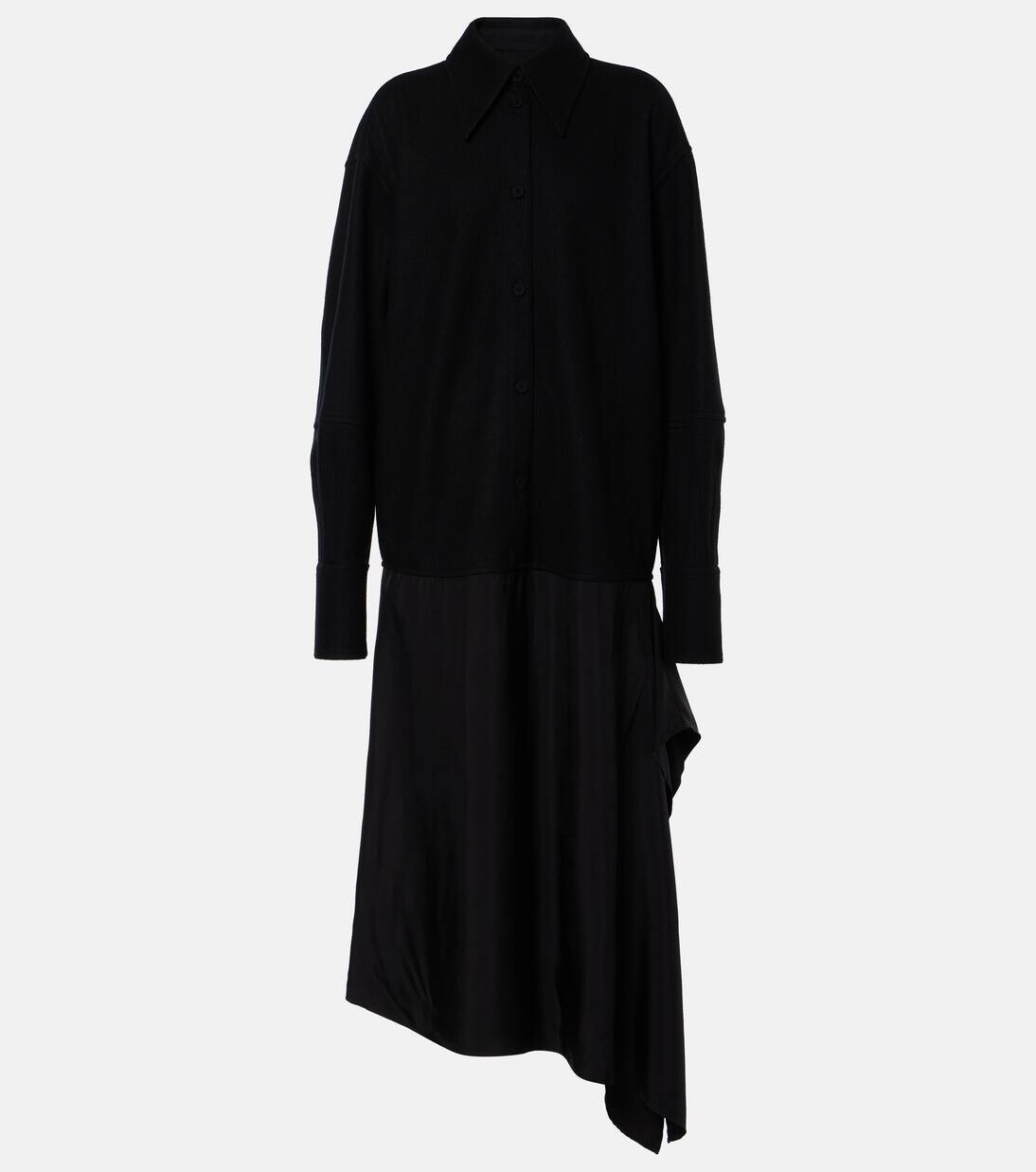 

Асимметричное платье-рубашка с шерстяной отделкой Jil Sander, черный
