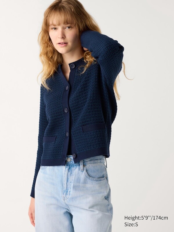 

Вязаный короткий жакет в полоску Uniqlo, синий