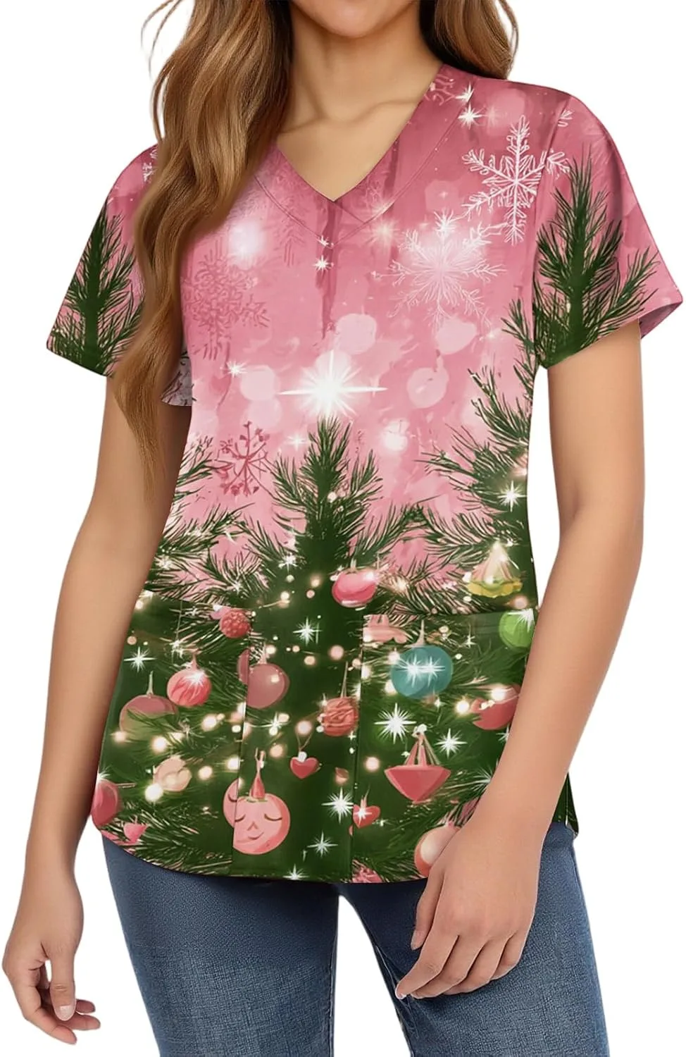 

Верхняя часть медицинского халата для женщин Easy Care с новогодним принтом, V-образный вырез, короткий рукав FlekmanArt