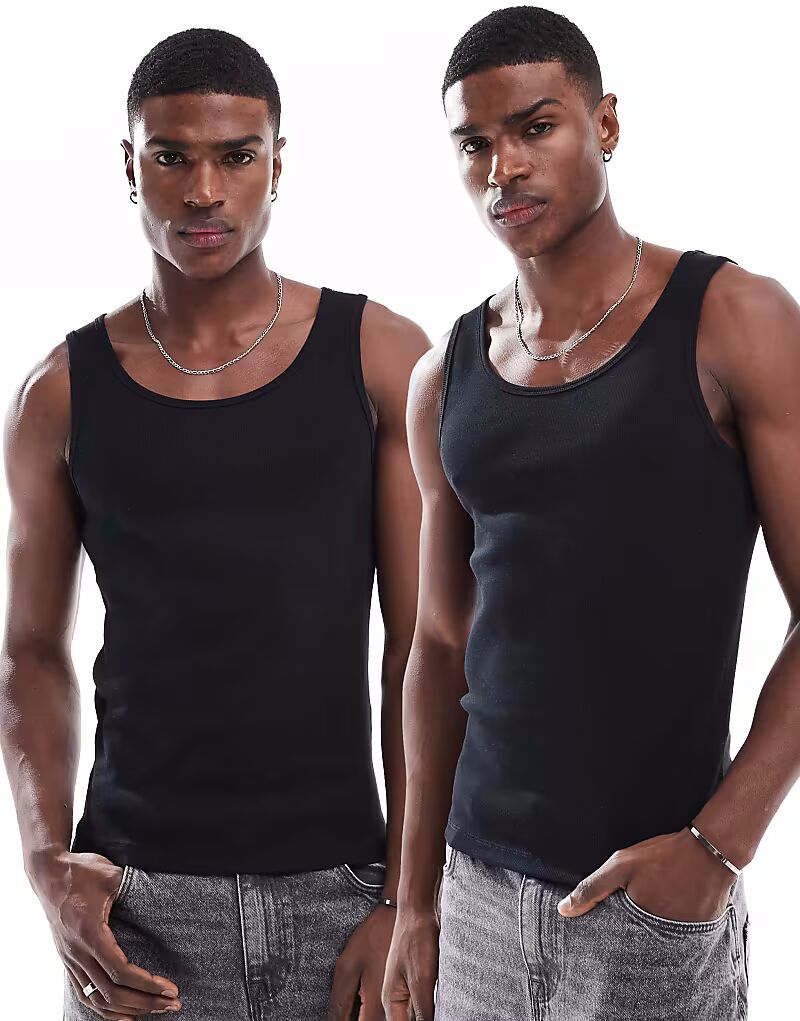 

ASOS DESIGN, набор из 2 футболок в рубчик, облегающих фигуру, черного цвета