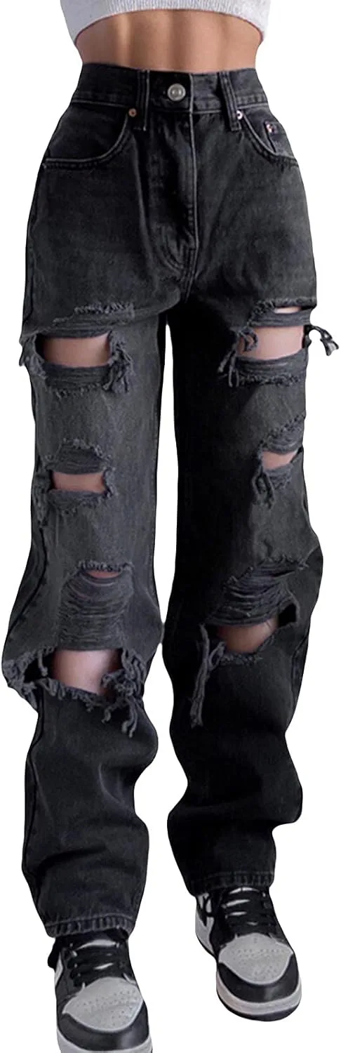 

Женские джинсы Fashion Irregular Ripped High-Waist Straight Leg Juaugusep