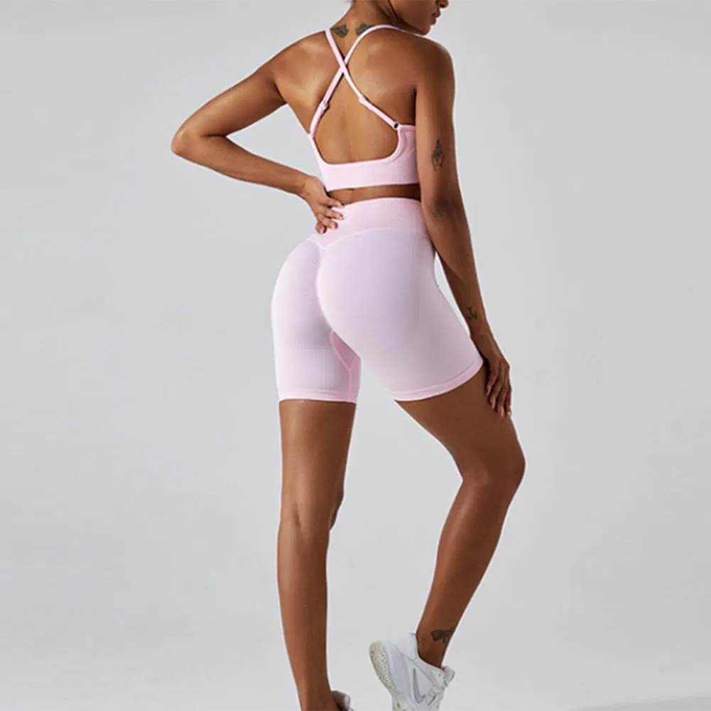 Женский спортивный комплект из топа и шорт, бесшовный, Pink — фото 4