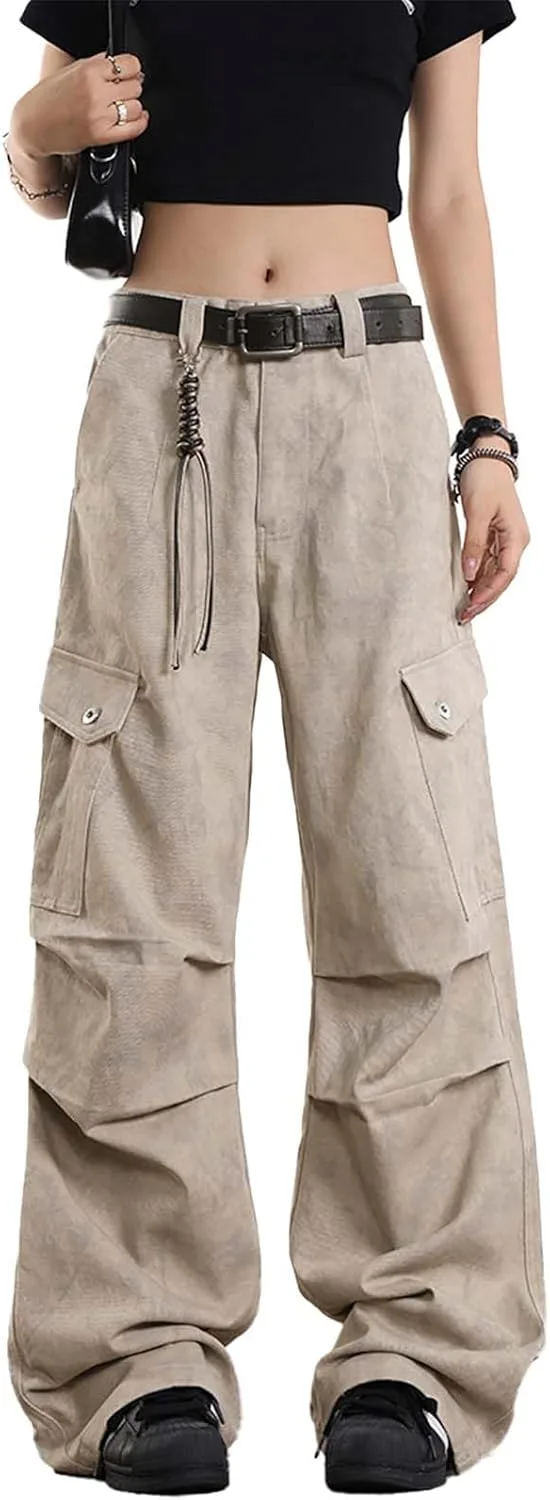 

Багги карго джинсы для женщин Y2K широкие ретро потертые с карманами LUUTWAL