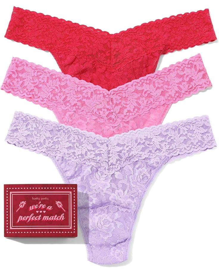 

Женские трусы-стринги Hanky Panky Signature Lace Original Rise, 3 шт, Cool Lavender Purple/Taffy/Coral