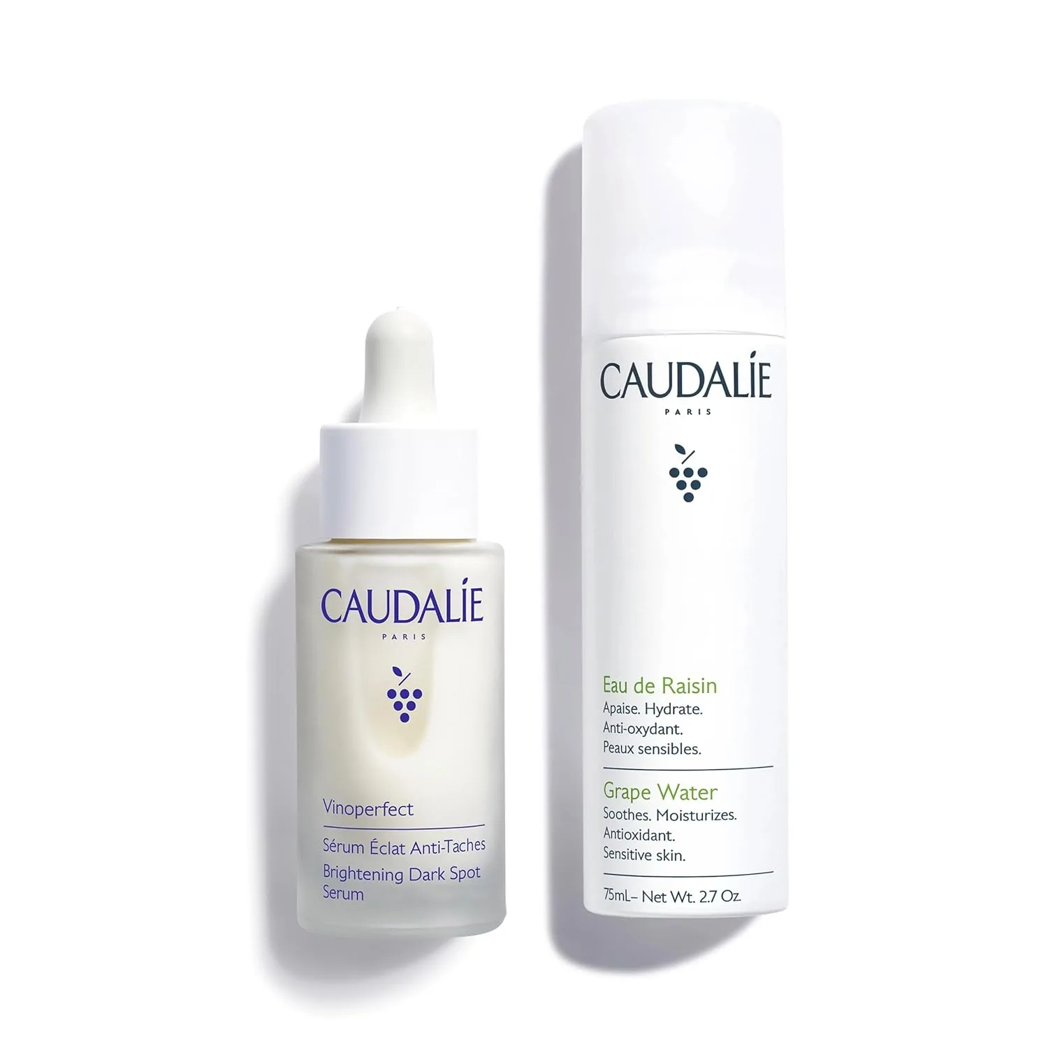 Осветляющая сыворотка для лица Caudalie Vinoperfect от темных пятен и спрей для лица с ароматом винограда в дорожном формате