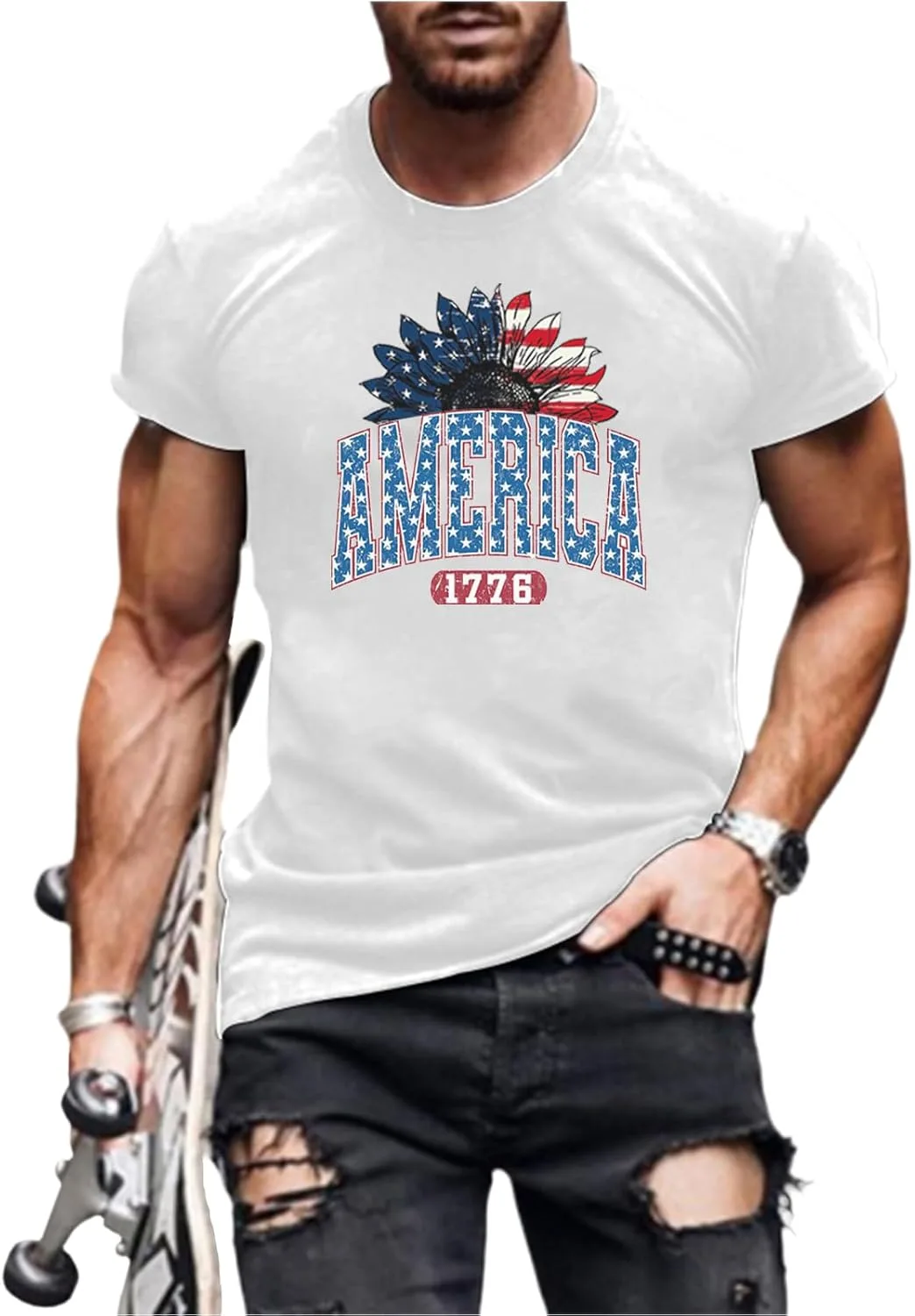 

Мужская футболка Patriotic с принтом, Crewneck, дышащая