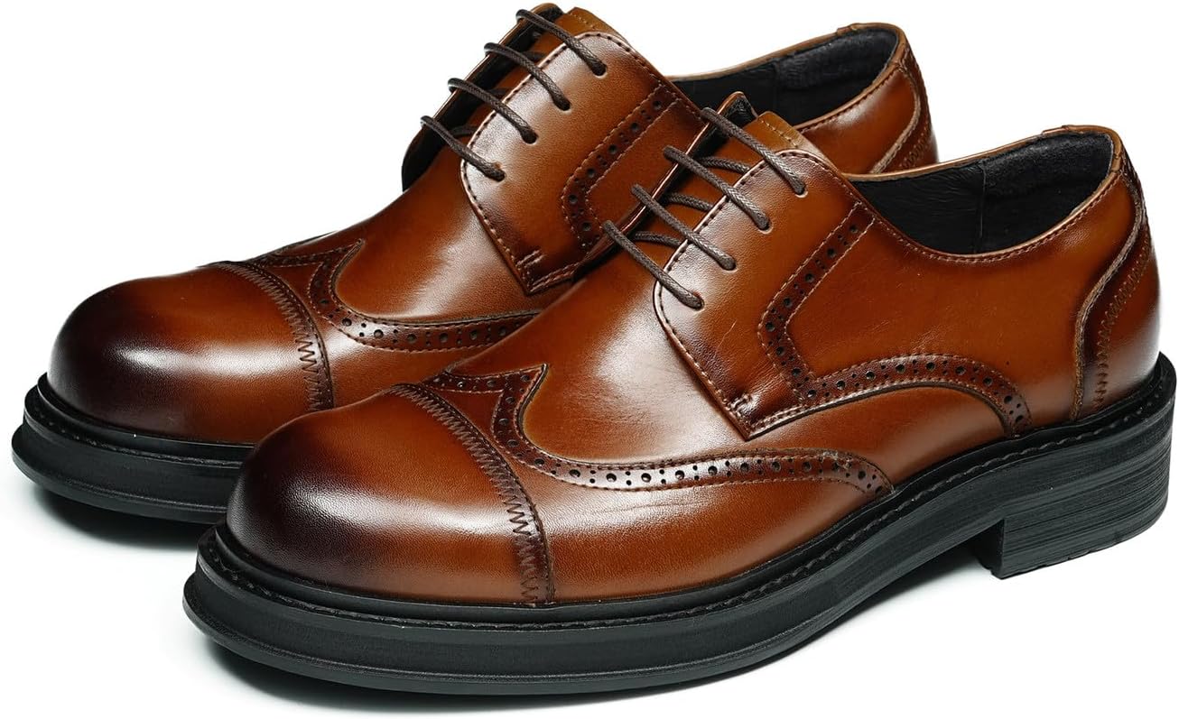 

Мужские туфли Santimon Wingtip Brogue Oxford - Натуральная кожа, шнуровка, дерби для работы, свадьбы и делового стиля с удобной амортизирующей стелькой и нескользящей резиновой подошвой, коричневый