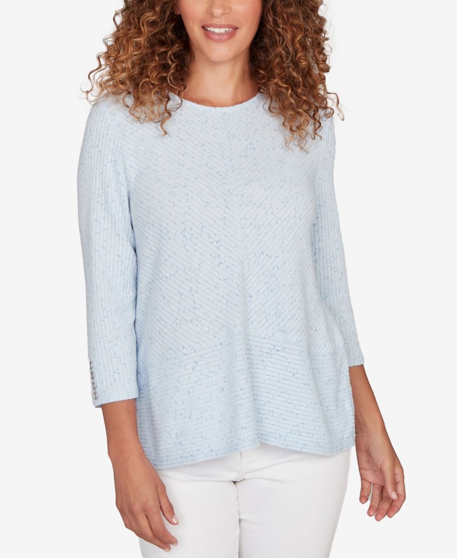 

Небольшой вязаный топ в рубчик меланжевого цвета с крапчатым узором Ruby Rd, Bluebell