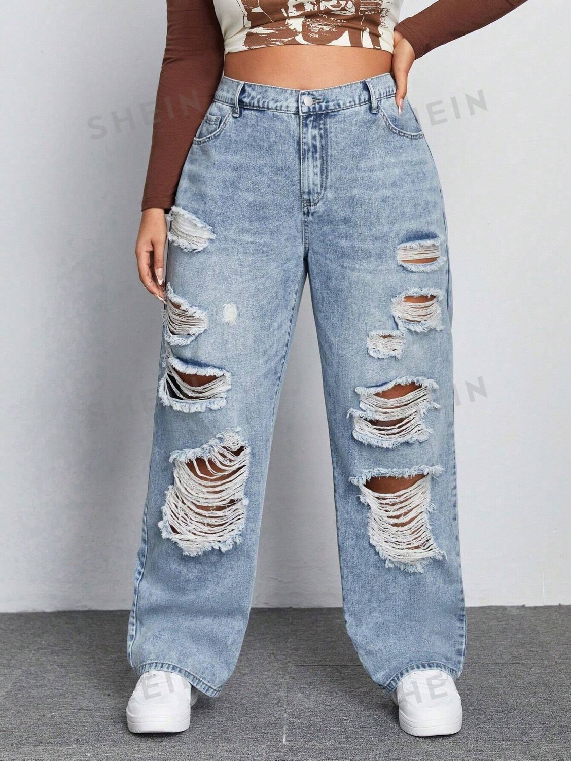 

EZwear Plus Широкие джинсы, Рваные, с завышенной талией Shein, синий