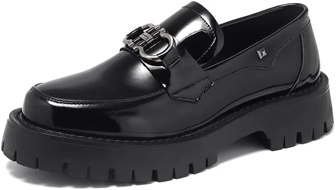 Лоферы кожа лакированная, бренд не указан, модель Men's Heightening Platform Loafers Shiny Patent Leather Chunky Sole Slip-On Shoes with Metal Buckle, цвет лакированная кожа SENLYCH
