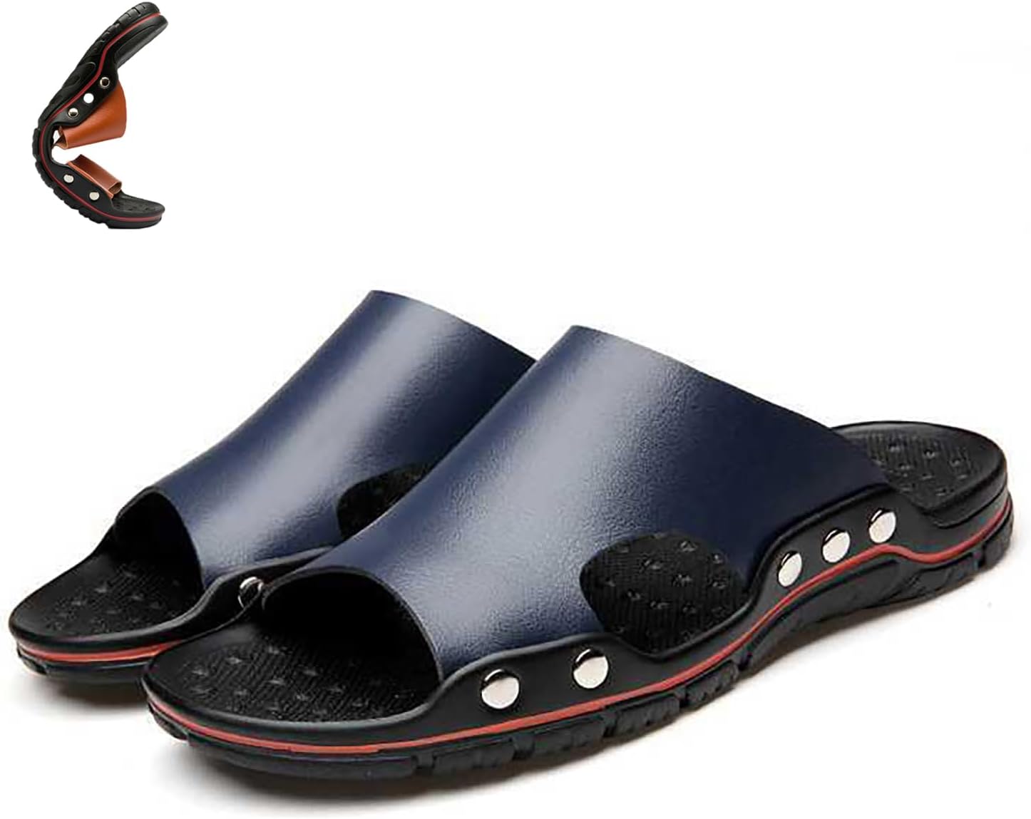 

Мужские кожаные сандалии с заклепками, плоской подошвой и открытым носком, слипоны, мягкая подошва, пляжные сандалии, летние повседневные, для отпуска и вечеринки Hdfdb, синий