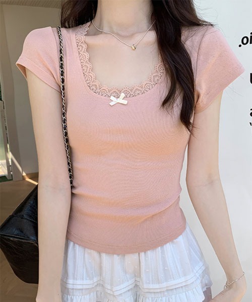 

VIBGYOR Women Топ с короткими рукавами и кружевной отделкой спереди, Mayree, розовый