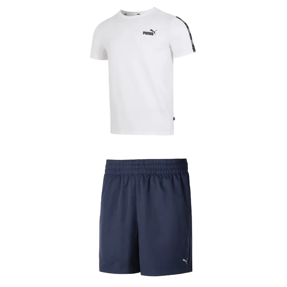 

Повседневный спортивный мужской комплект: белый топ + синие шорты Puma, белый