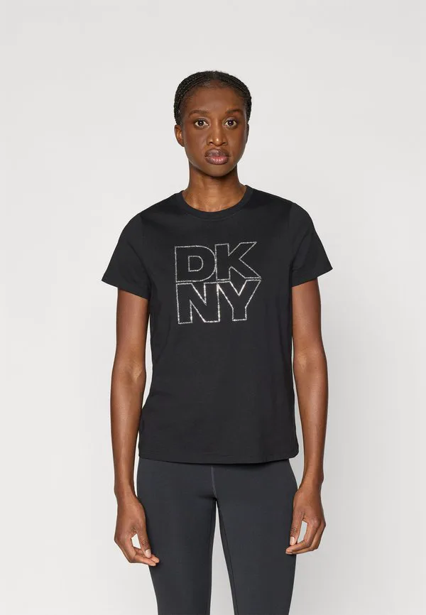 

Футболка с коротким рукавом, свободным кроем и круглым вырезом, с двойным контуром и логотипом из страз. Dkny, Black, Черный, Футболка с коротким рукавом, свободным кроем и круглым вырезом, с двойным контуром и логотипом из страз. Dkny, Black