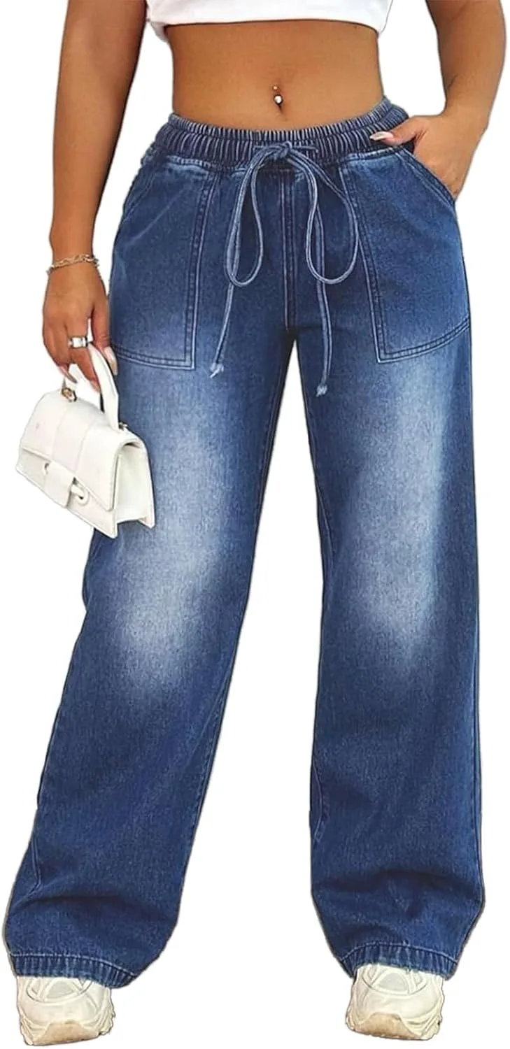 

Viatabuna женские джинсы с широкими штанинами и поясом на шнурке